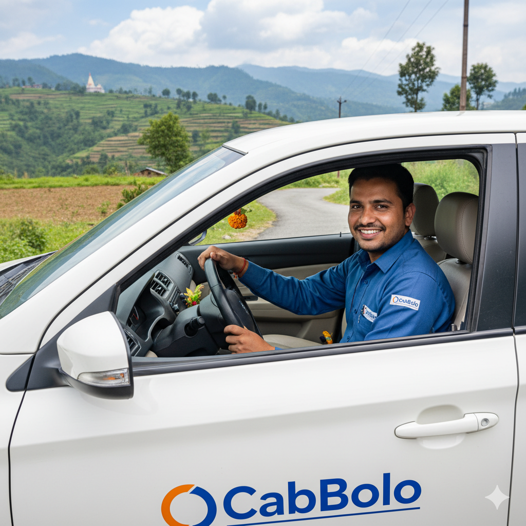 A friendly CabBolo driver with a clean taxi in Uttarakhand